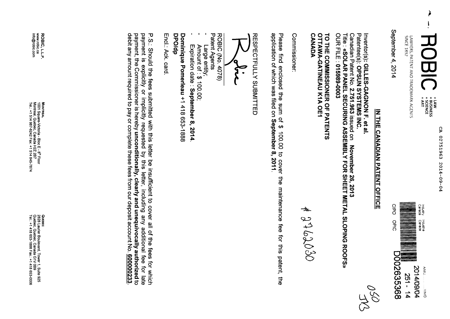 Document de brevet canadien 2751963. Taxes 20140904. Image 1 de 1