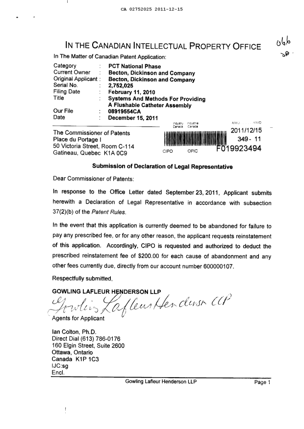 Canadian Patent Document 2752025. Correspondence 20111215. Image 1 of 2