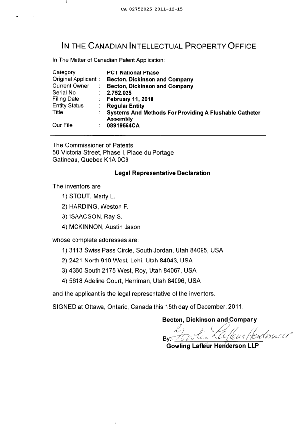 Document de brevet canadien 2752025. Correspondance 20111215. Image 2 de 2