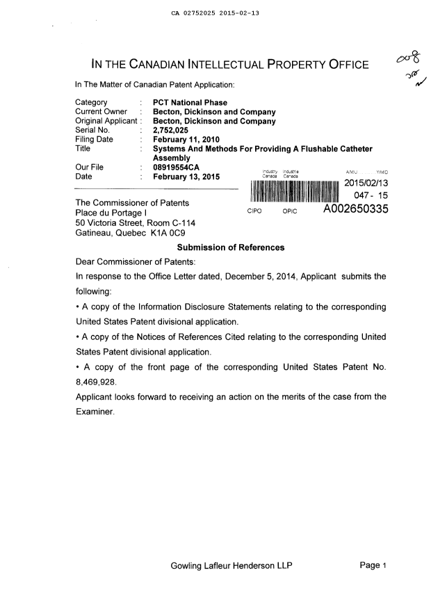 Canadian Patent Document 2752025. Prosecution-Amendment 20150213. Image 1 of 2