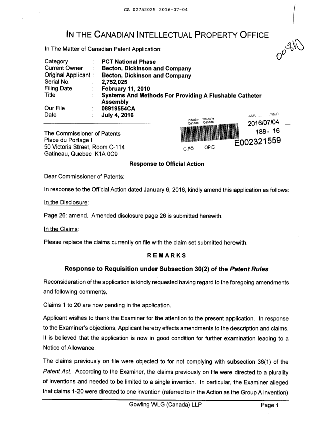 Canadian Patent Document 2752025. Amendment 20160704. Image 1 of 7