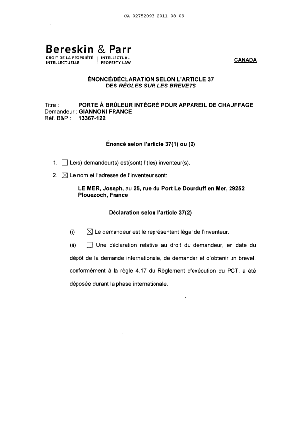 Document de brevet canadien 2752093. Cession 20110809. Image 5 de 5