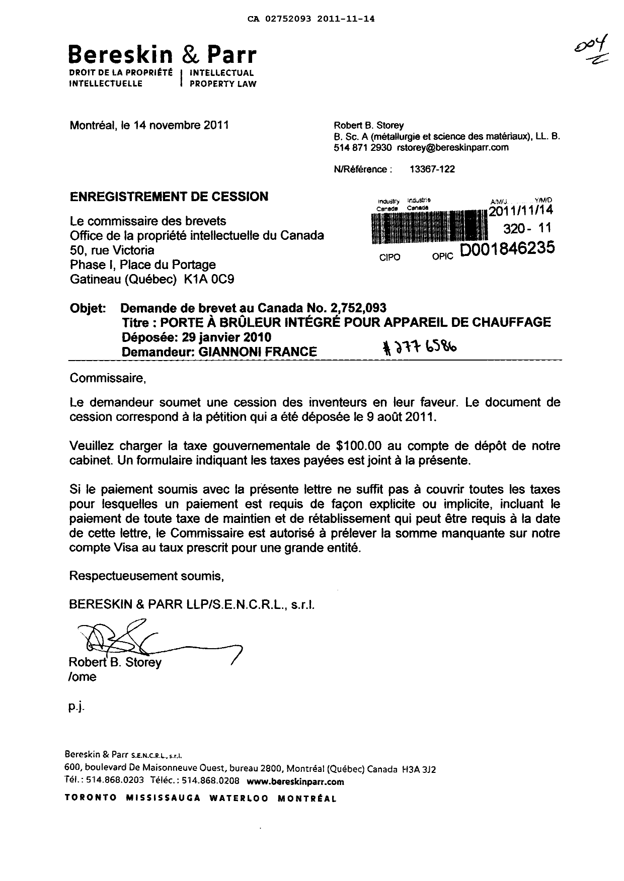 Document de brevet canadien 2752093. Cession 20111114. Image 1 de 2