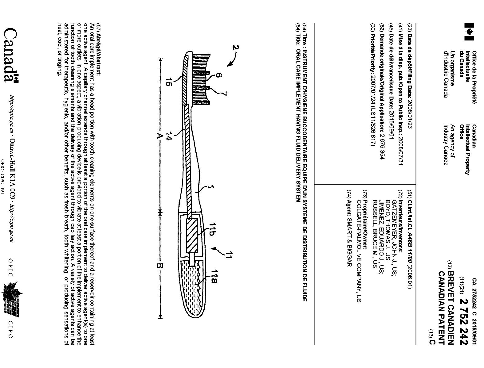Canadian Patent Document 2752242. Cover Page 20150729. Image 1 of 1