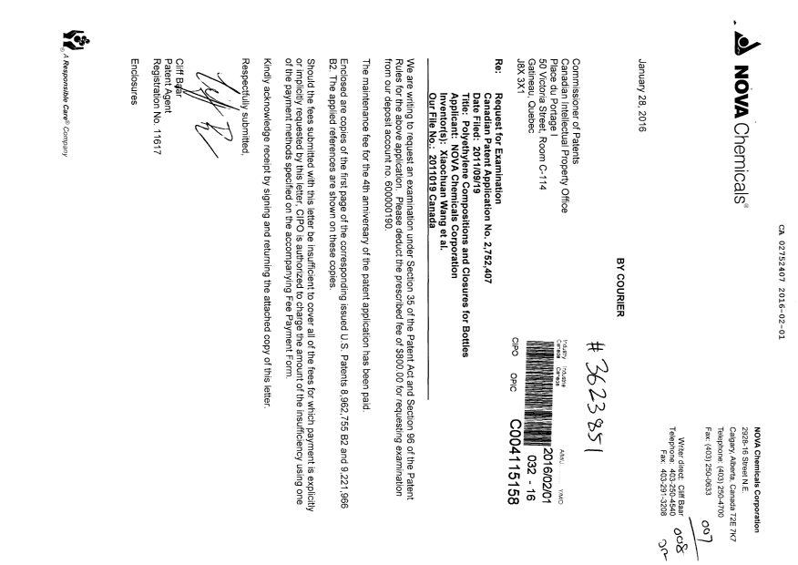 Document de brevet canadien 2752407. Modification 20160201. Image 1 de 1