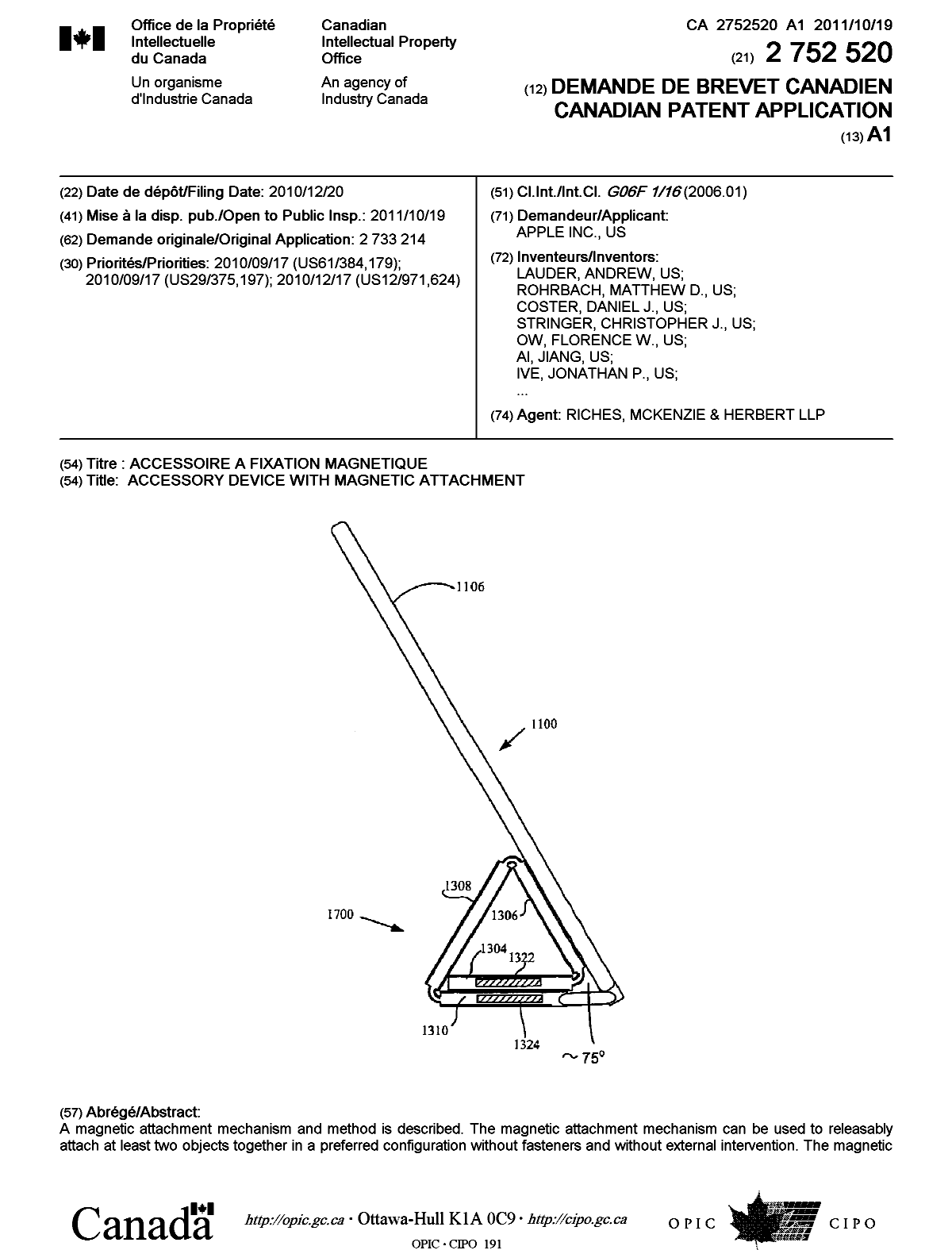 Document de brevet canadien 2752520. Page couverture 20111027. Image 1 de 2