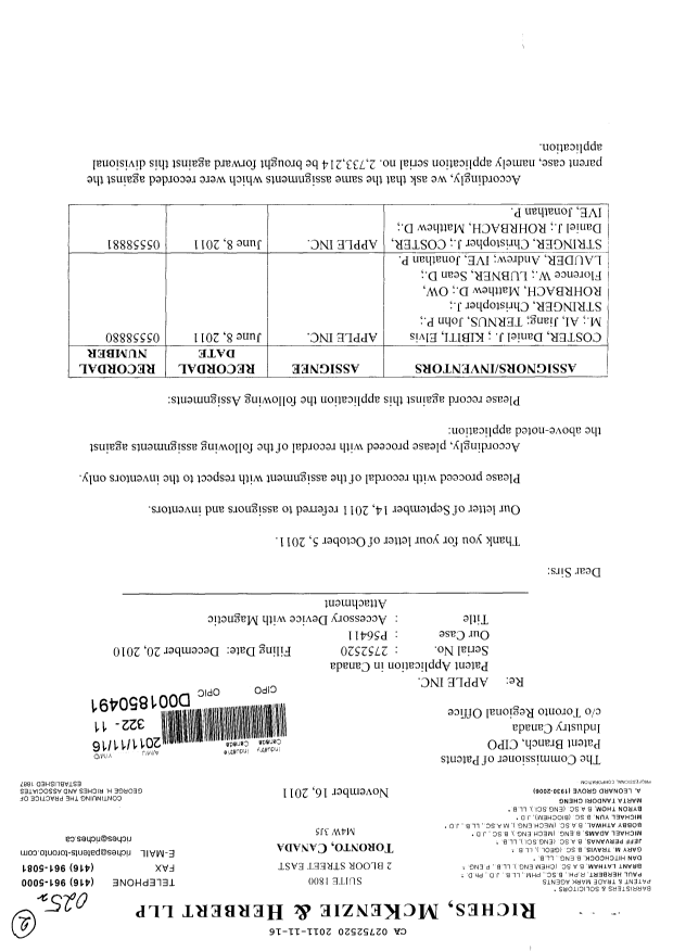 Canadian Patent Document 2752520. Assignment 20111116. Image 1 of 2