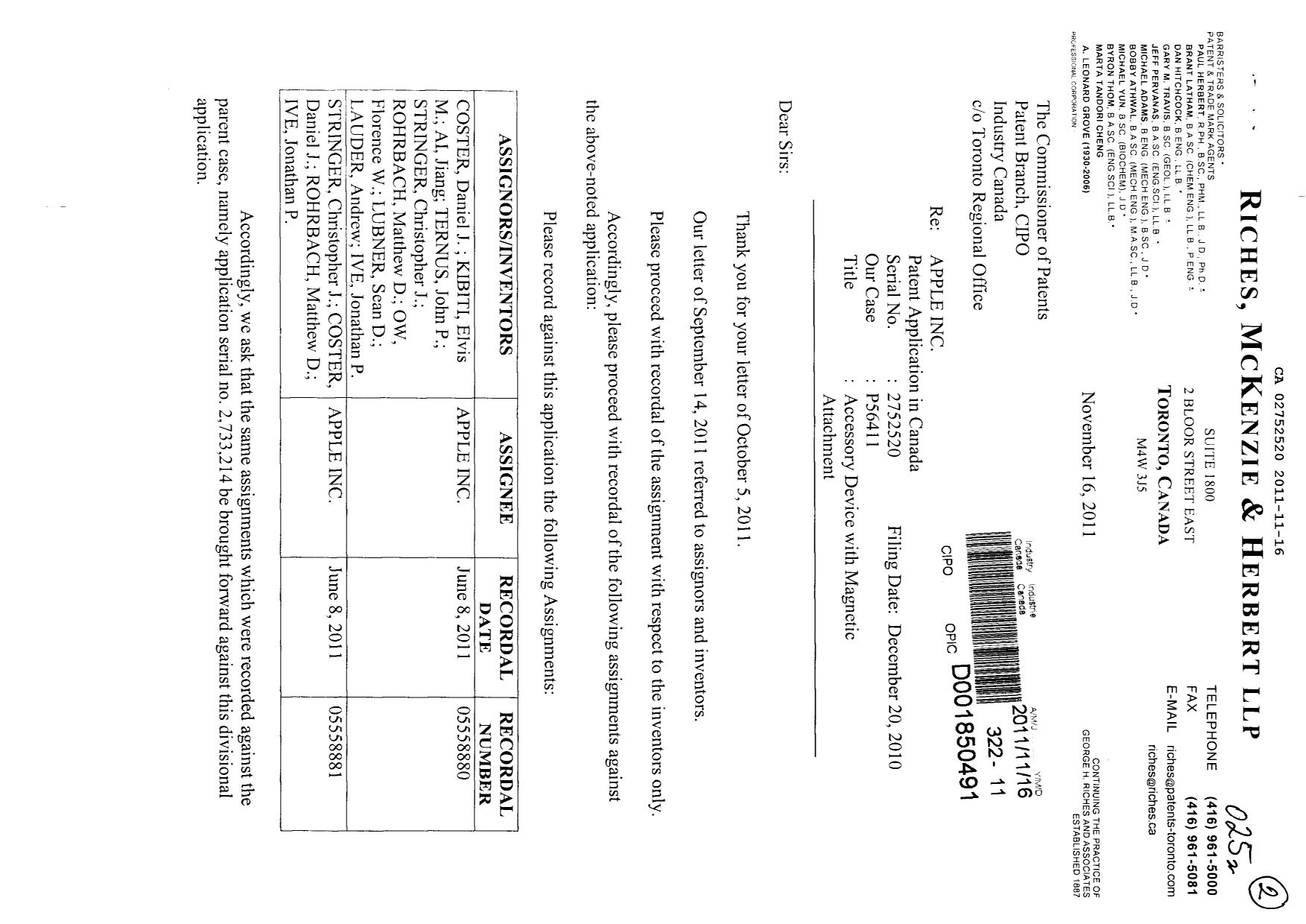 Canadian Patent Document 2752520. Assignment 20111116. Image 1 of 2