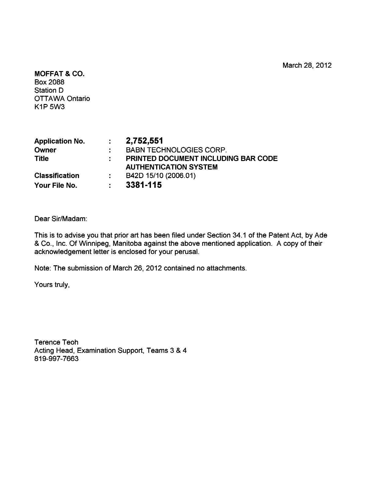 Document de brevet canadien 2752551. Poursuite-Amendment 20111228. Image 1 de 2