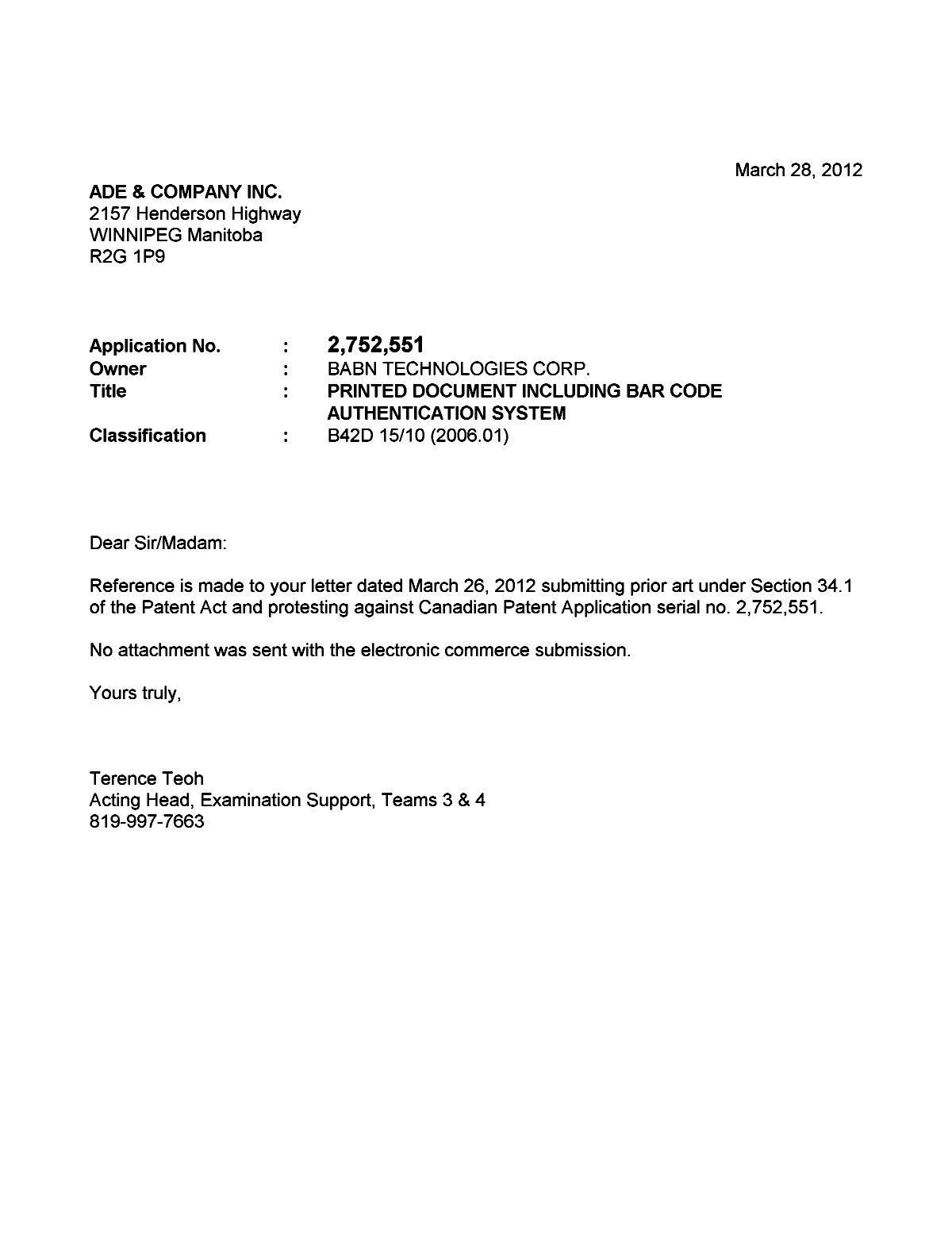 Document de brevet canadien 2752551. Poursuite-Amendment 20111228. Image 2 de 2