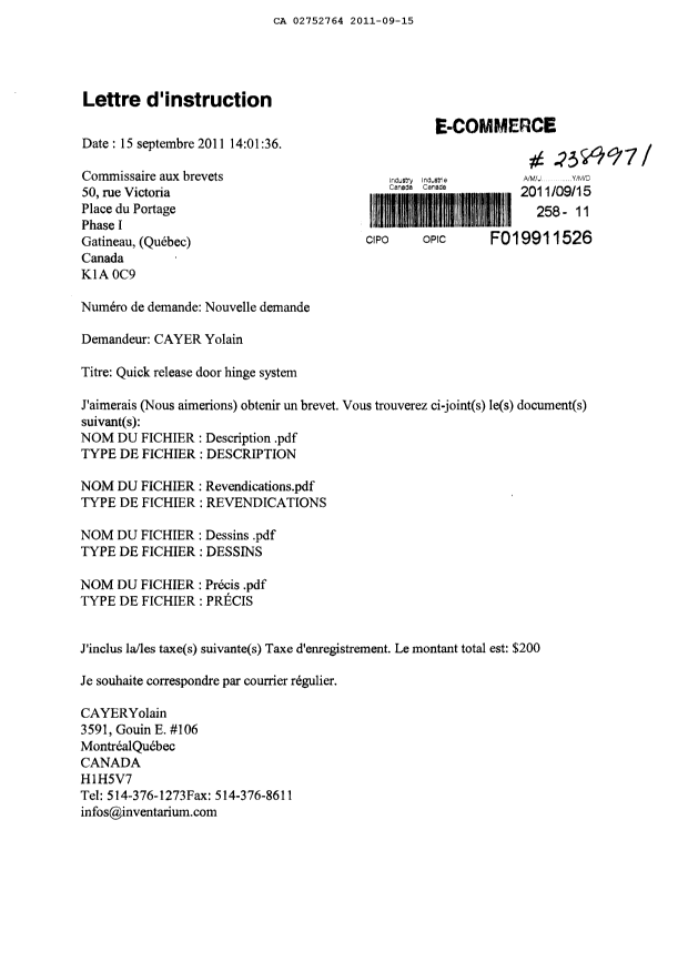 Document de brevet canadien 2752764. Cession 20110915. Image 1 de 3