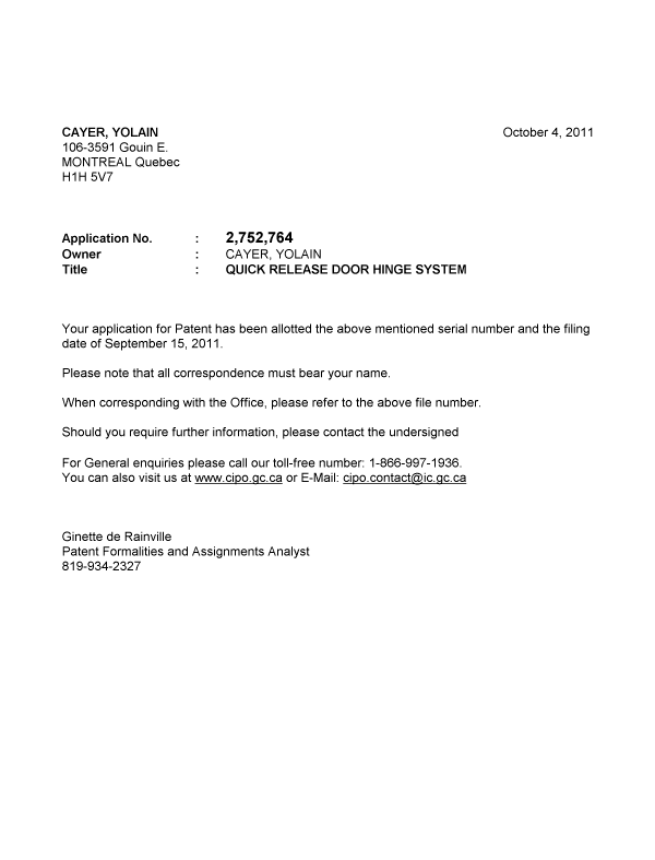 Document de brevet canadien 2752764. Correspondance 20111004. Image 1 de 1