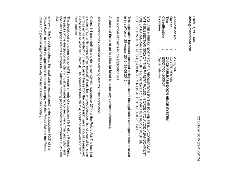 Document de brevet canadien 2752764. Demande d'examen 20151022. Image 1 de 3
