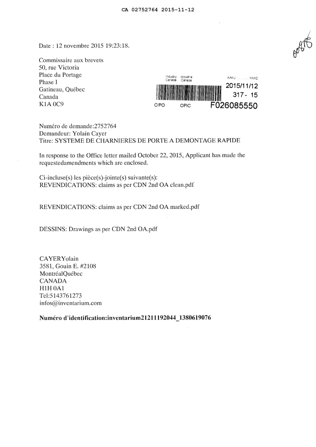 Document de brevet canadien 2752764. Modification 20151112. Image 1 de 10