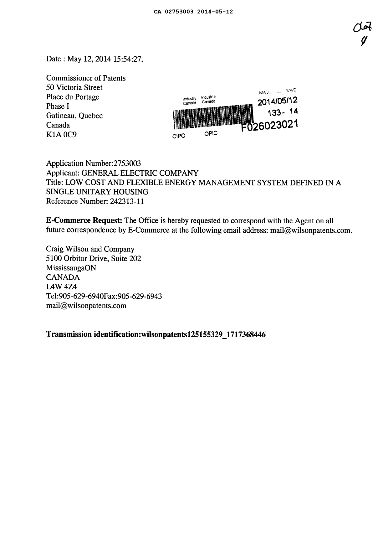 Document de brevet canadien 2753003. Correspondance 20140512. Image 1 de 1