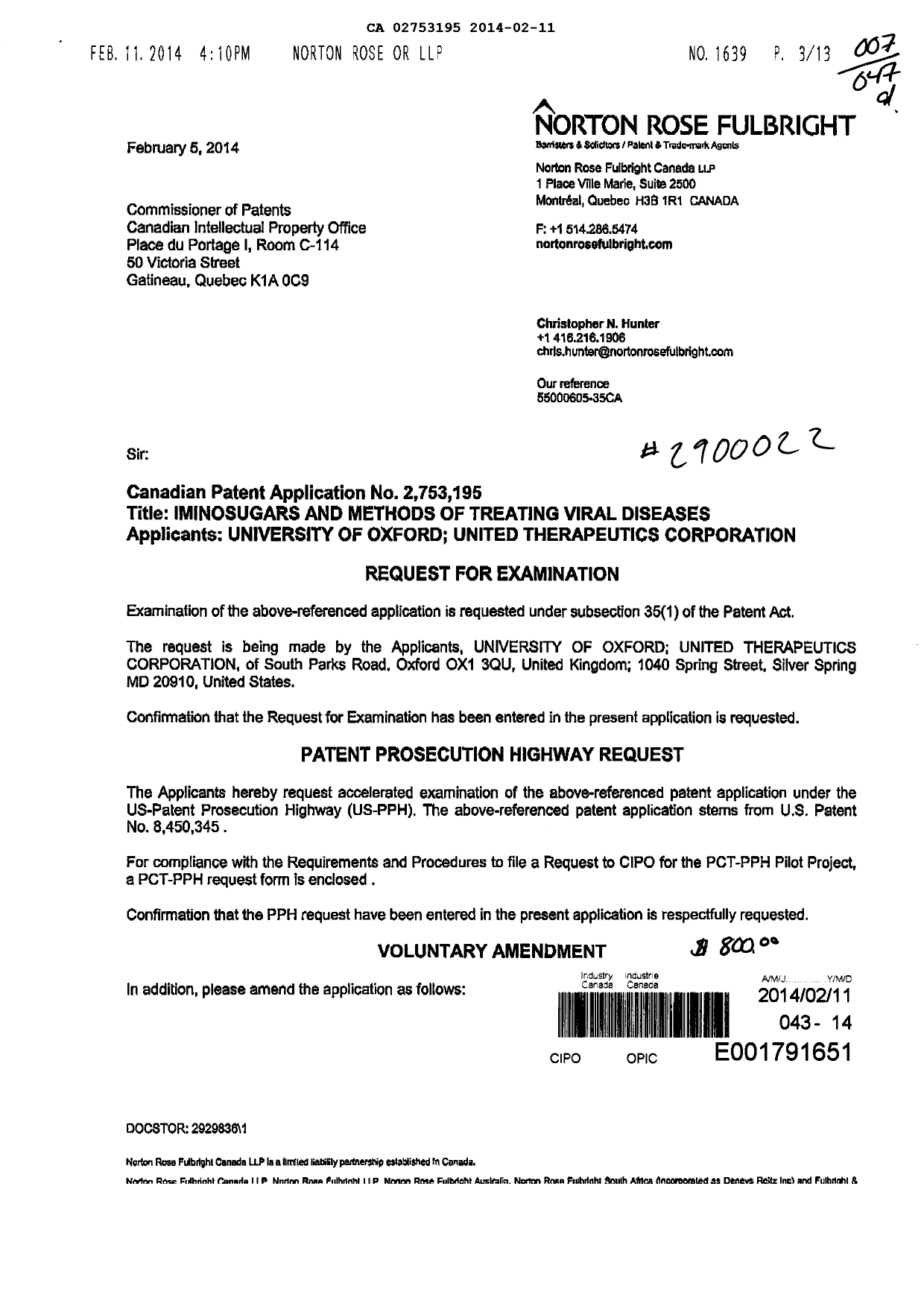 Document de brevet canadien 2753195. Poursuite-Amendment 20140211. Image 1 de 7