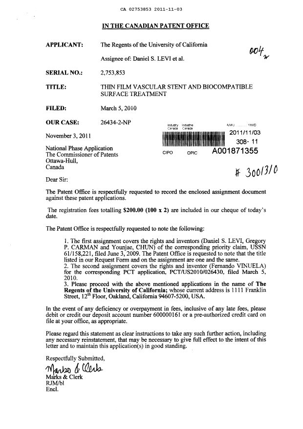 Document de brevet canadien 2753853. Cession 20111103. Image 1 de 8