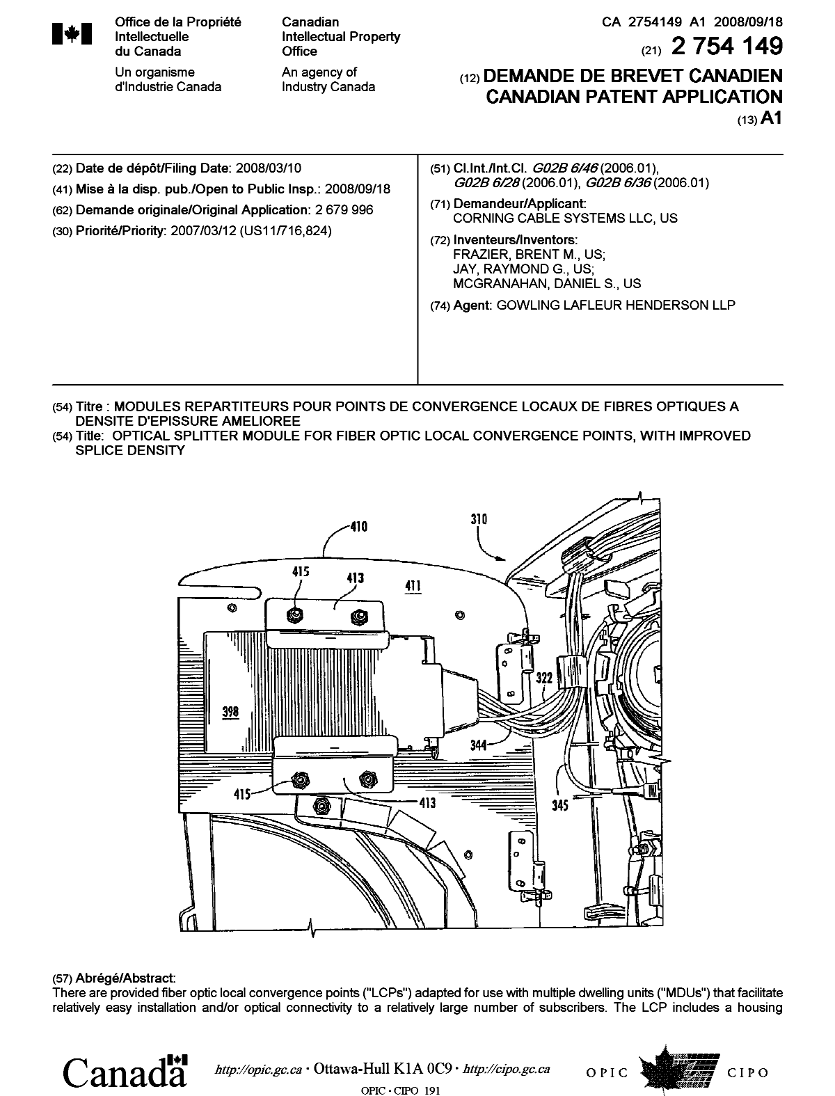 Document de brevet canadien 2754149. Page couverture 20101209. Image 1 de 2