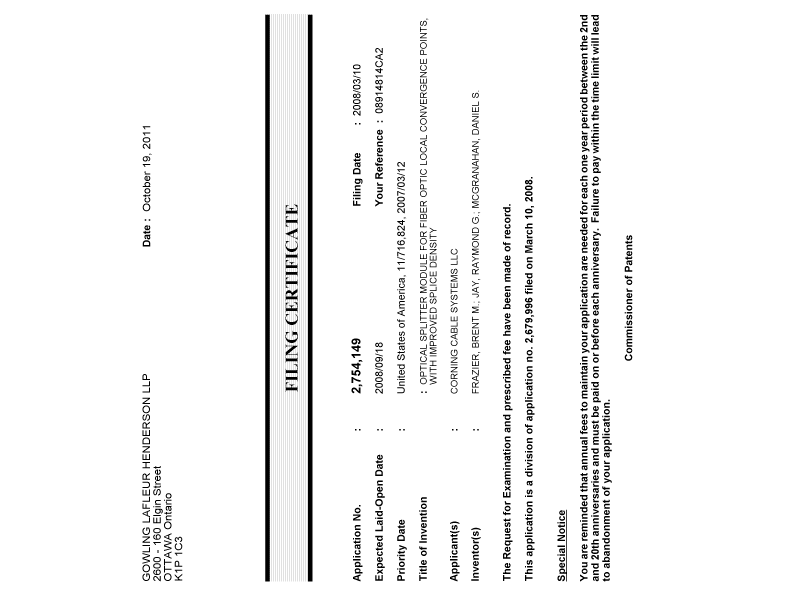 Document de brevet canadien 2754149. Correspondance 20101219. Image 1 de 1