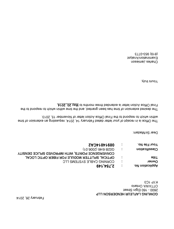 Canadian Patent Document 2754149. Correspondence 20131226. Image 1 of 1