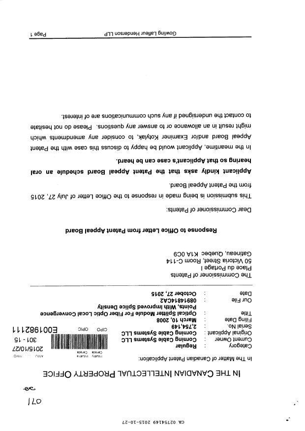 Document de brevet canadien 2754149. Poursuite-Amendment 20141227. Image 1 de 2