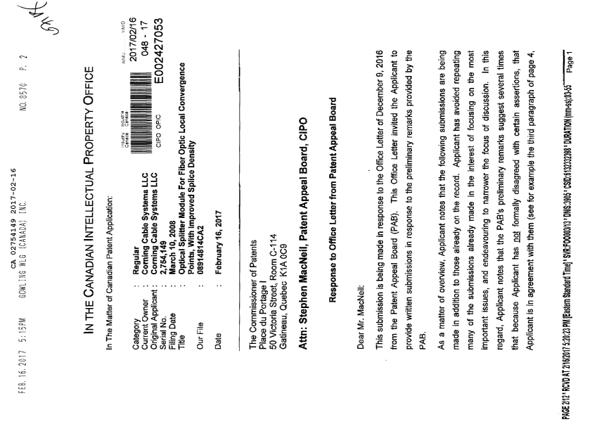 Document de brevet canadien 2754149. Correspondance 20161216. Image 1 de 12