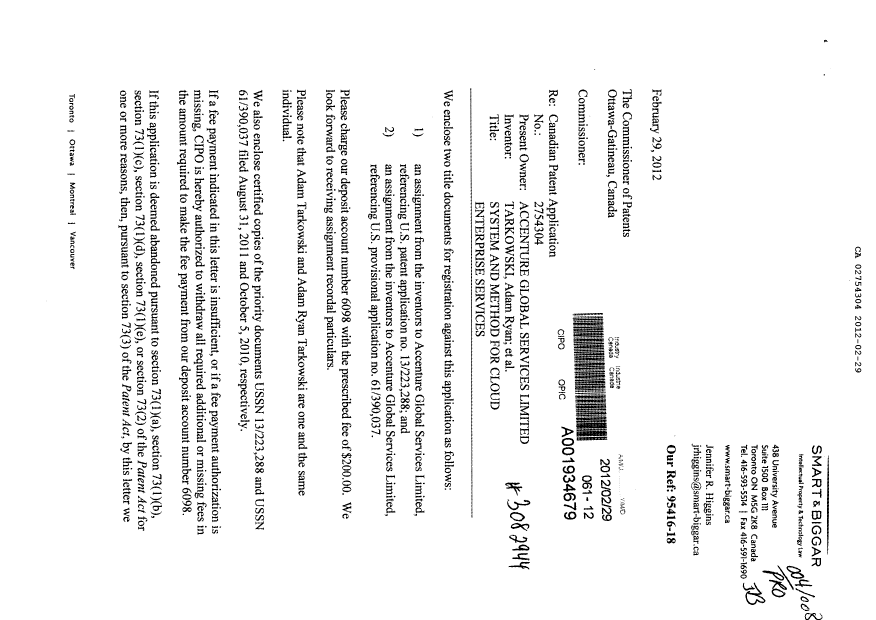 Document de brevet canadien 2754304. Cession 20120229. Image 1 de 15