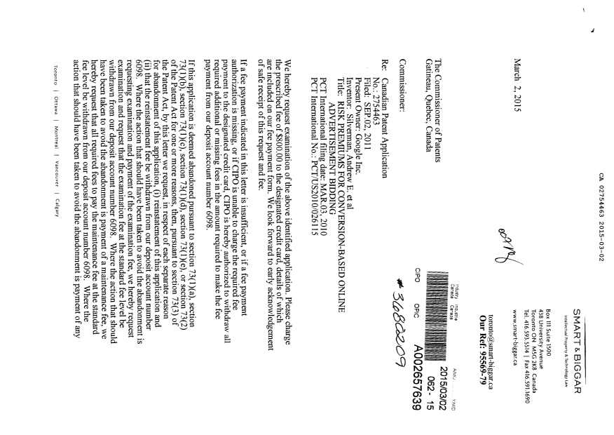 Document de brevet canadien 2754463. Poursuite-Amendment 20150302. Image 1 de 2