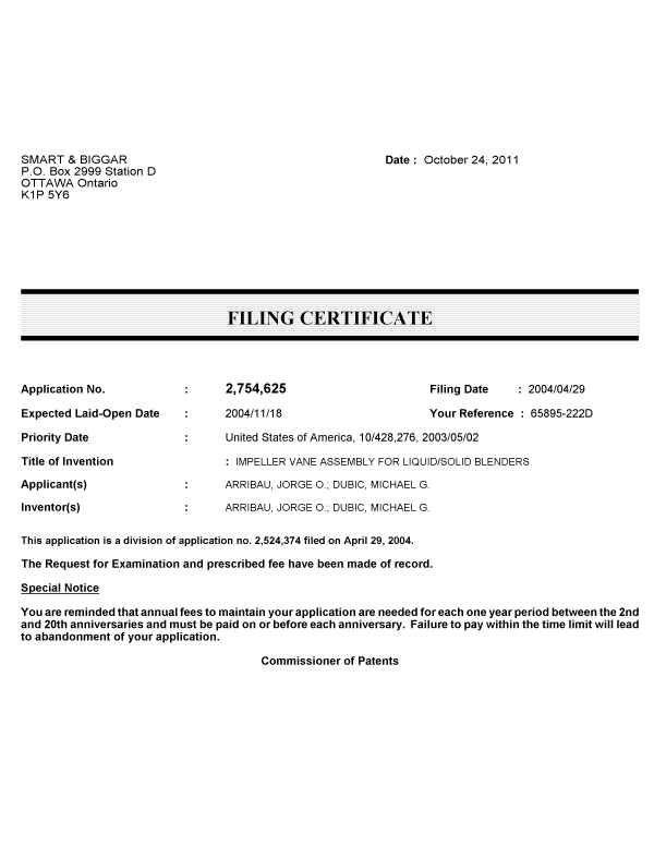 Canadian Patent Document 2754625. Correspondence 20111024. Image 1 of 1