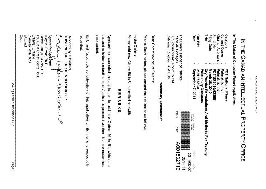 Canadian Patent Document 2754691. Prosecution-Amendment 20110907. Image 1 of 3