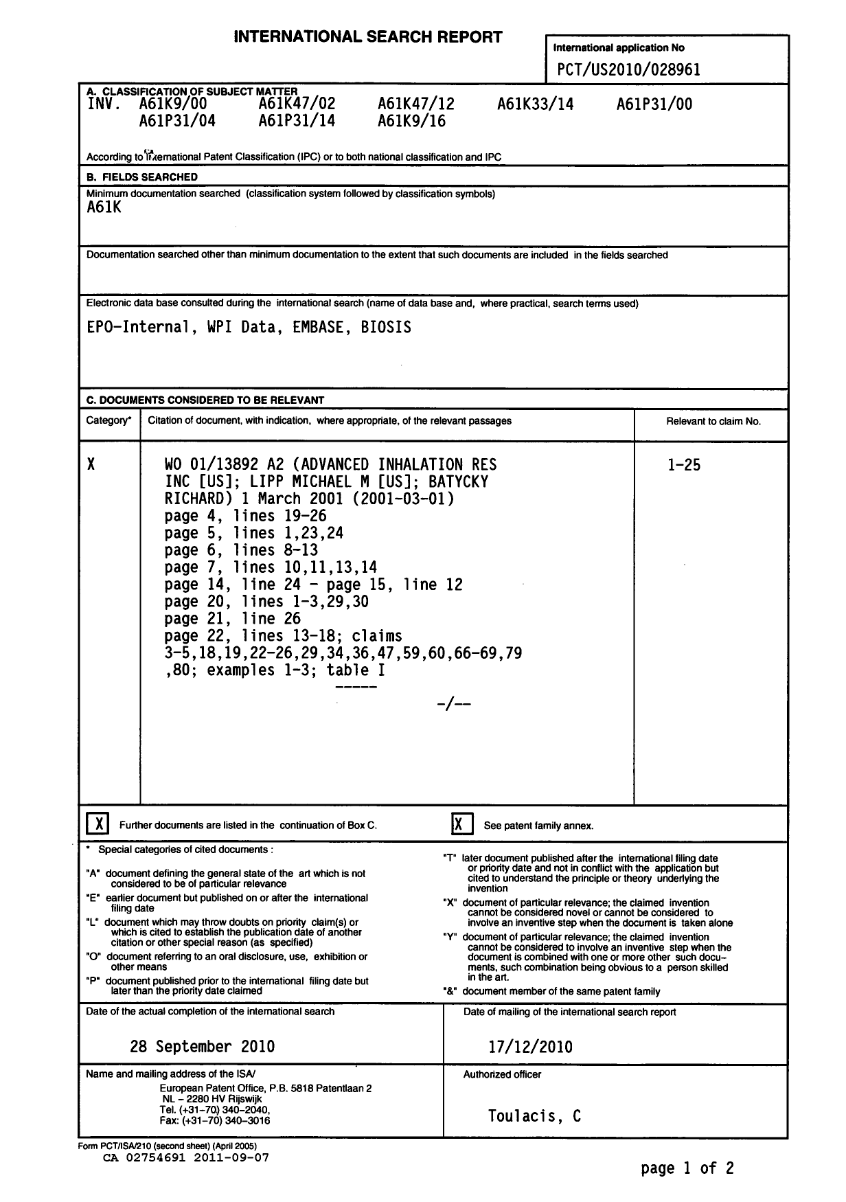 Canadian Patent Document 2754691. PCT 20110907. Image 1 of 5