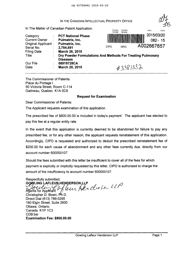 Document de brevet canadien 2754691. Poursuite-Amendment 20150320. Image 1 de 1