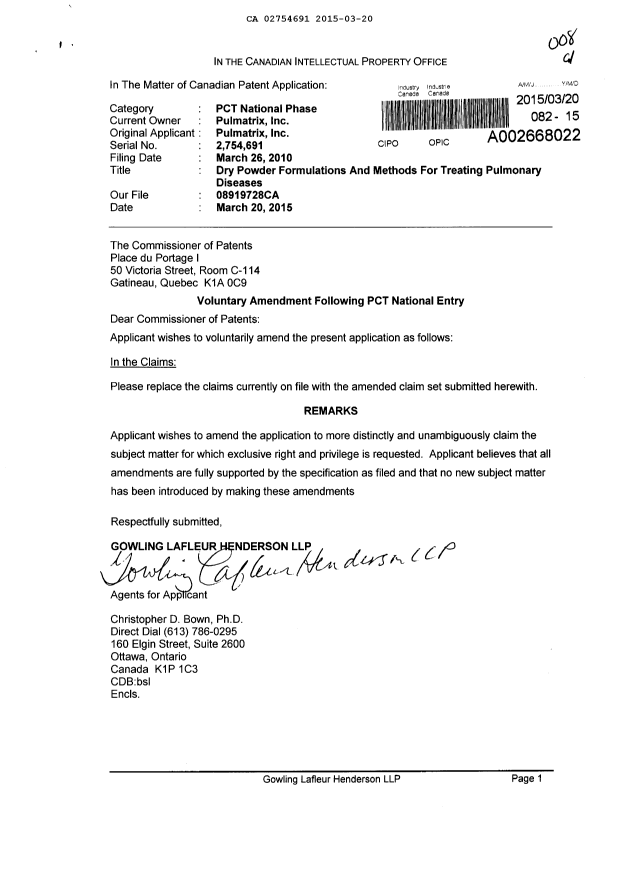 Canadian Patent Document 2754691. Prosecution-Amendment 20150320. Image 1 of 8