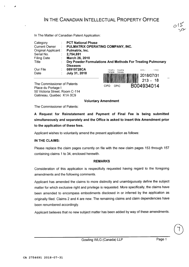 Document de brevet canadien 2754691. Modification 20180731. Image 1 de 7