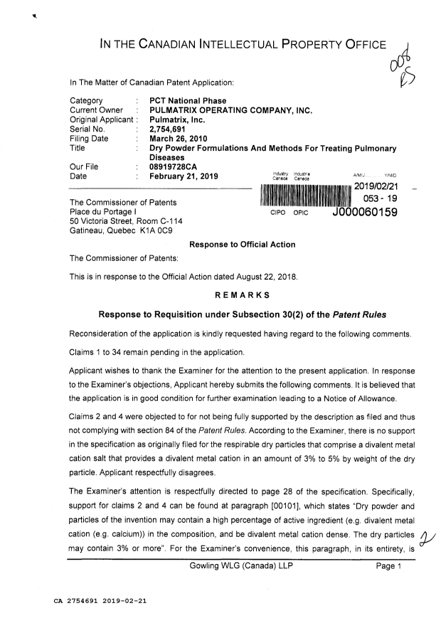 Document de brevet canadien 2754691. Modification 20190221. Image 1 de 2