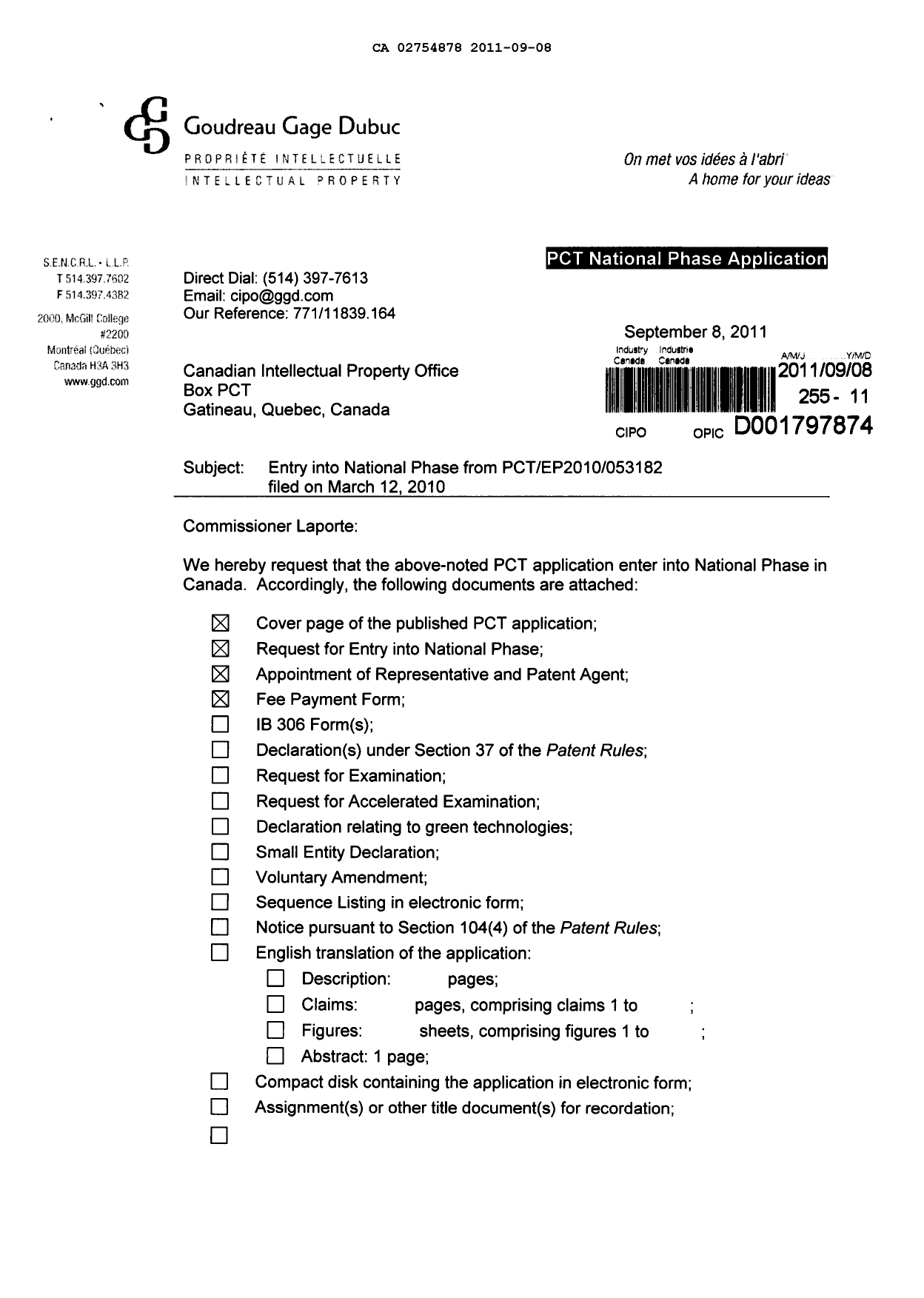 Document de brevet canadien 2754878. Cession 20110908. Image 1 de 4