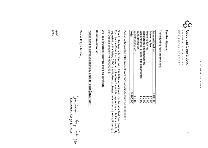 Canadian Patent Document 2754878. Assignment 20110908. Image 2 of 4