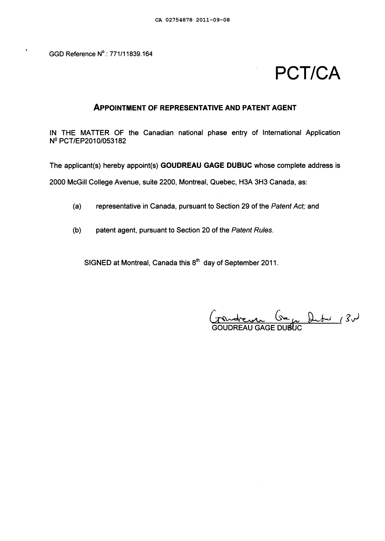 Canadian Patent Document 2754878. Assignment 20110908. Image 4 of 4