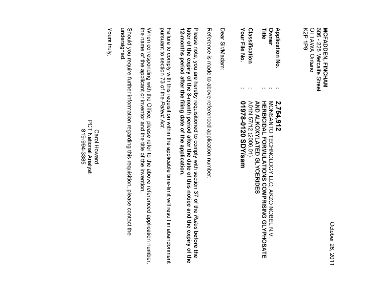 Document de brevet canadien 2754912. Correspondance 20111026. Image 1 de 1