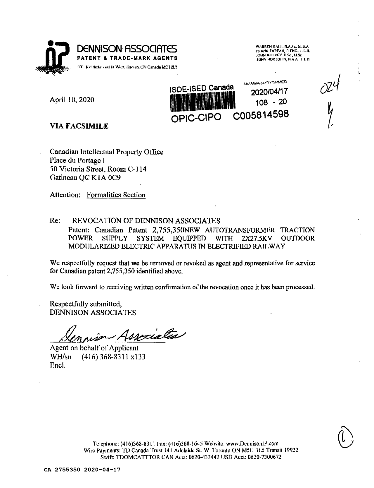 Canadian Patent Document 2755350. Change of Agent 20200417. Image 1 of 1