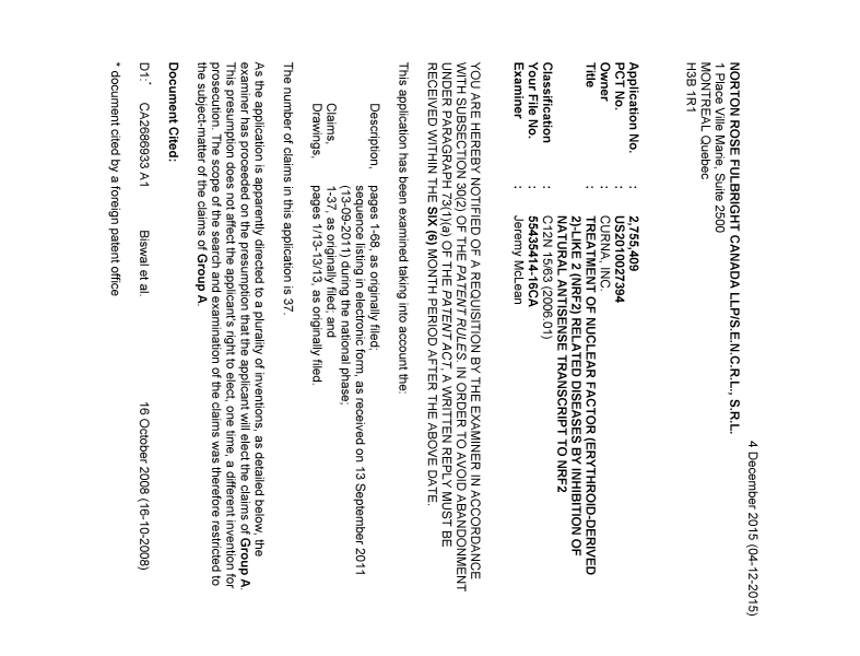 Document de brevet canadien 2755409. Demande d'examen 20151204. Image 1 de 6