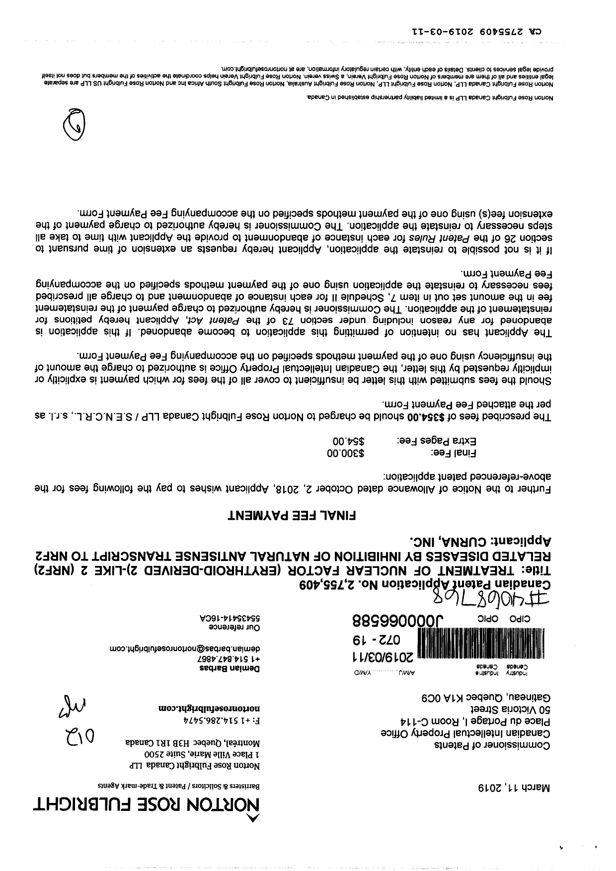 Canadian Patent Document 2755409. Final Fee 20190311. Image 1 of 2