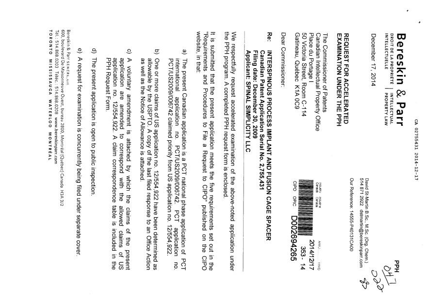 Document de brevet canadien 2755431. Poursuite-Amendment 20141217. Image 1 de 11