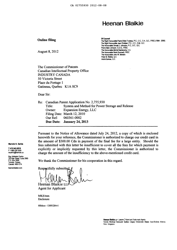 Document de brevet canadien 2755930. Correspondance 20111208. Image 2 de 3
