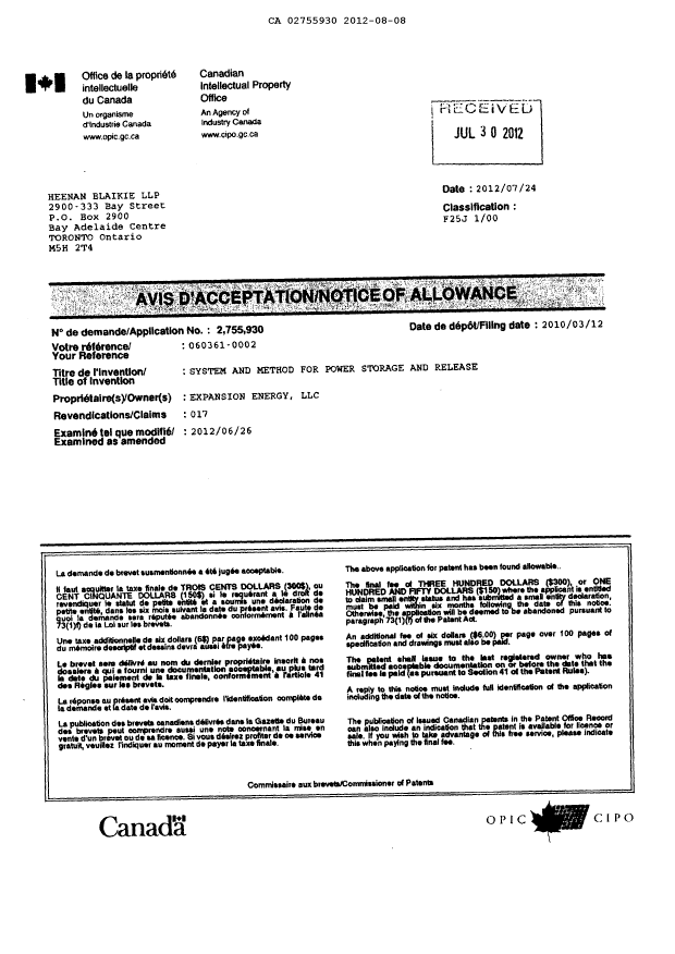 Document de brevet canadien 2755930. Correspondance 20111208. Image 3 de 3