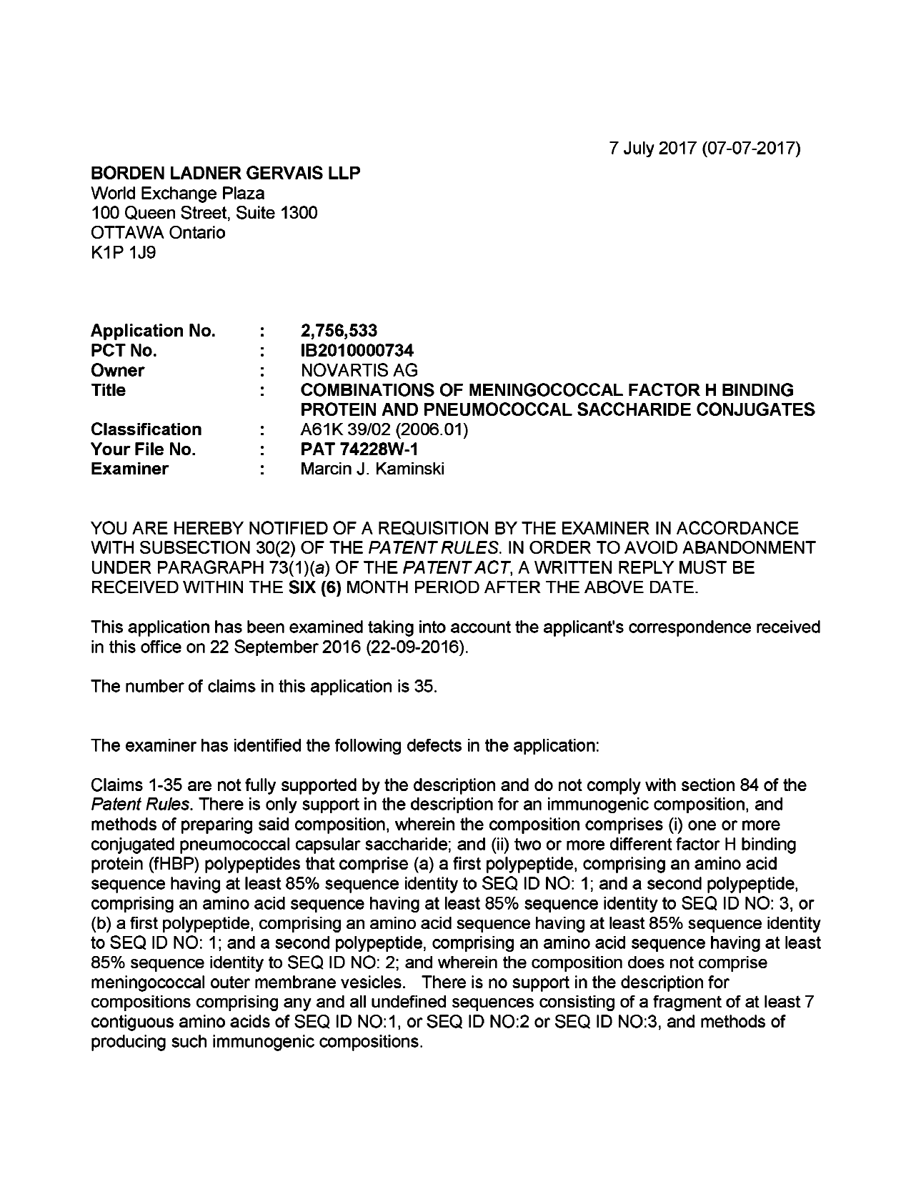 Document de brevet canadien 2756533. Demande d'examen 20170707. Image 1 de 4