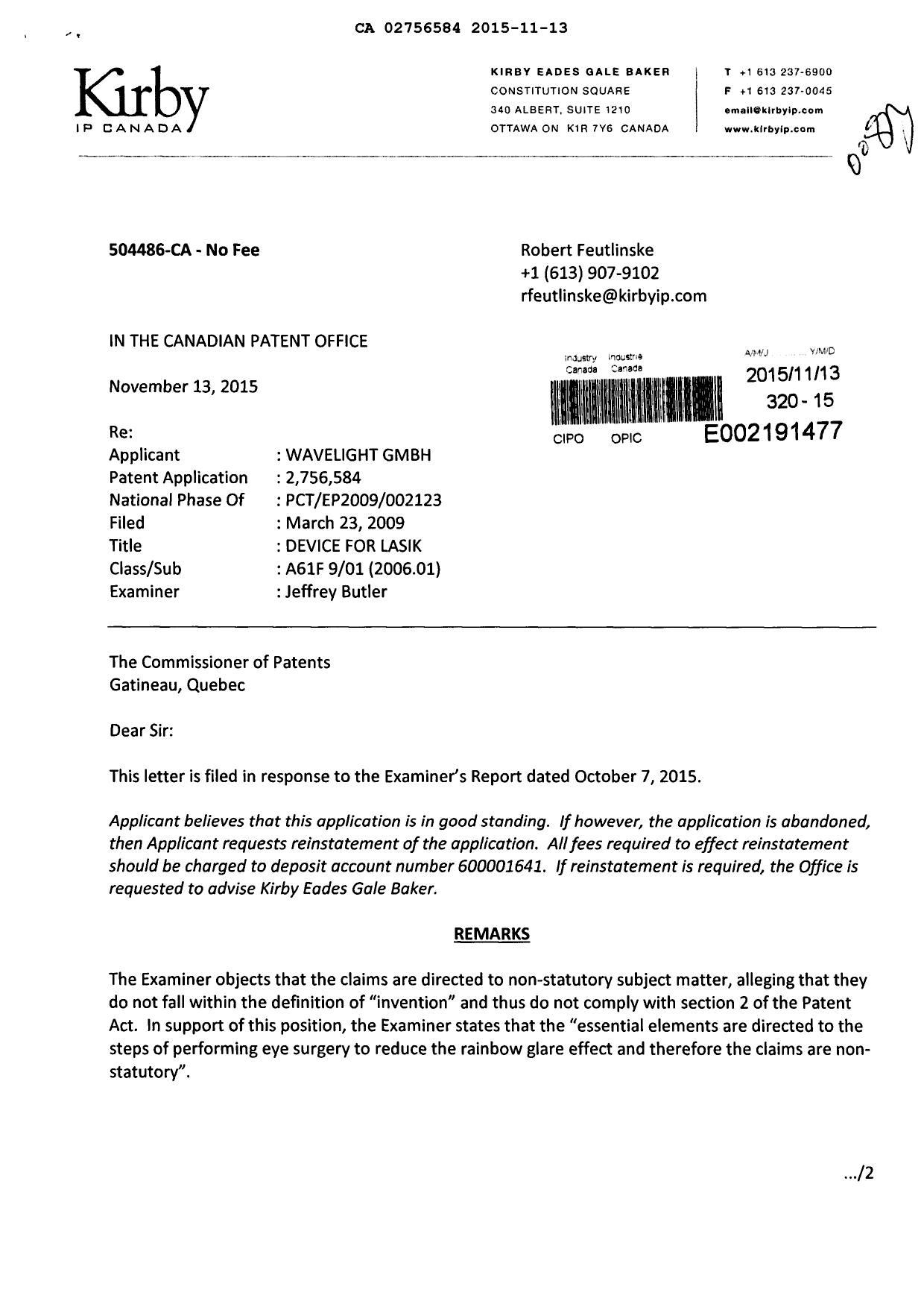 Canadian Patent Document 2756584. Prosecution-Amendment 20141213. Image 1 of 3