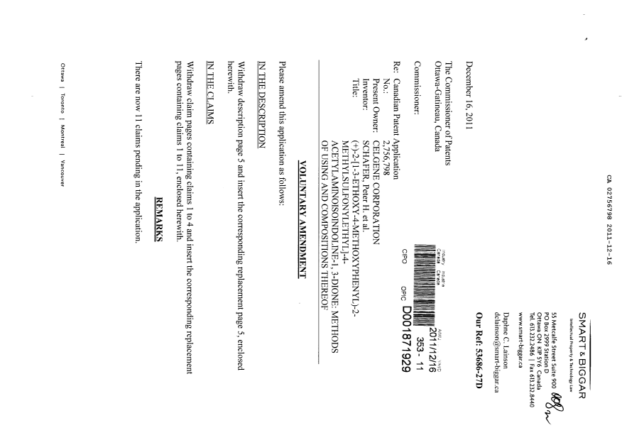 Document de brevet canadien 2756798. Poursuite-Amendment 20111216. Image 1 de 5