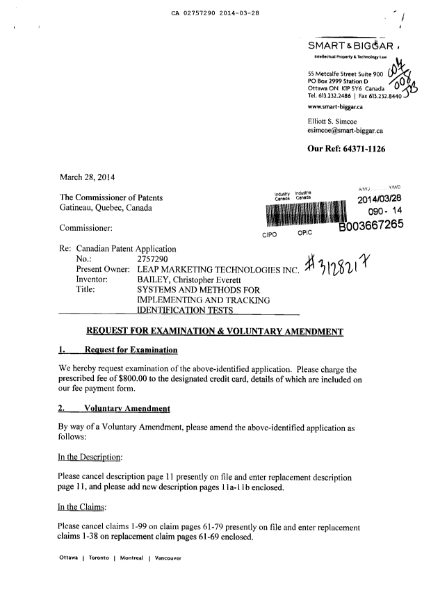 Canadian Patent Document 2757290. Prosecution-Amendment 20140328. Image 1 of 15
