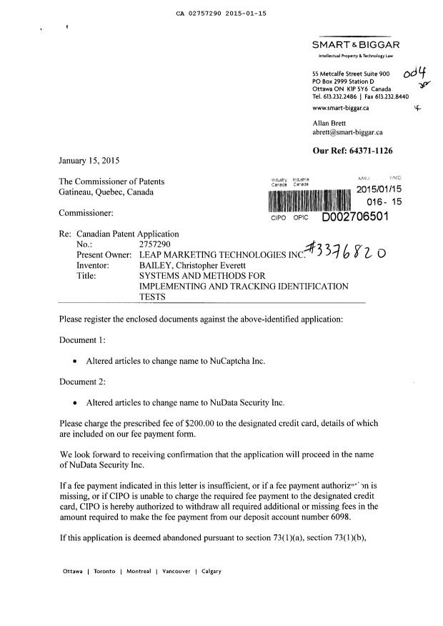Document de brevet canadien 2757290. Cession 20150115. Image 1 de 6